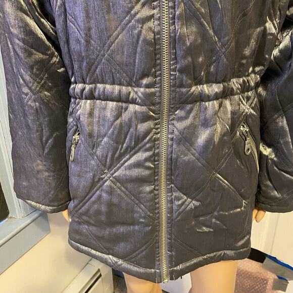 Vintage Climate Zone Women L Puffer Coat Jacket Metallic Silver Faux Fur Fullzip - Picture 10 of 11